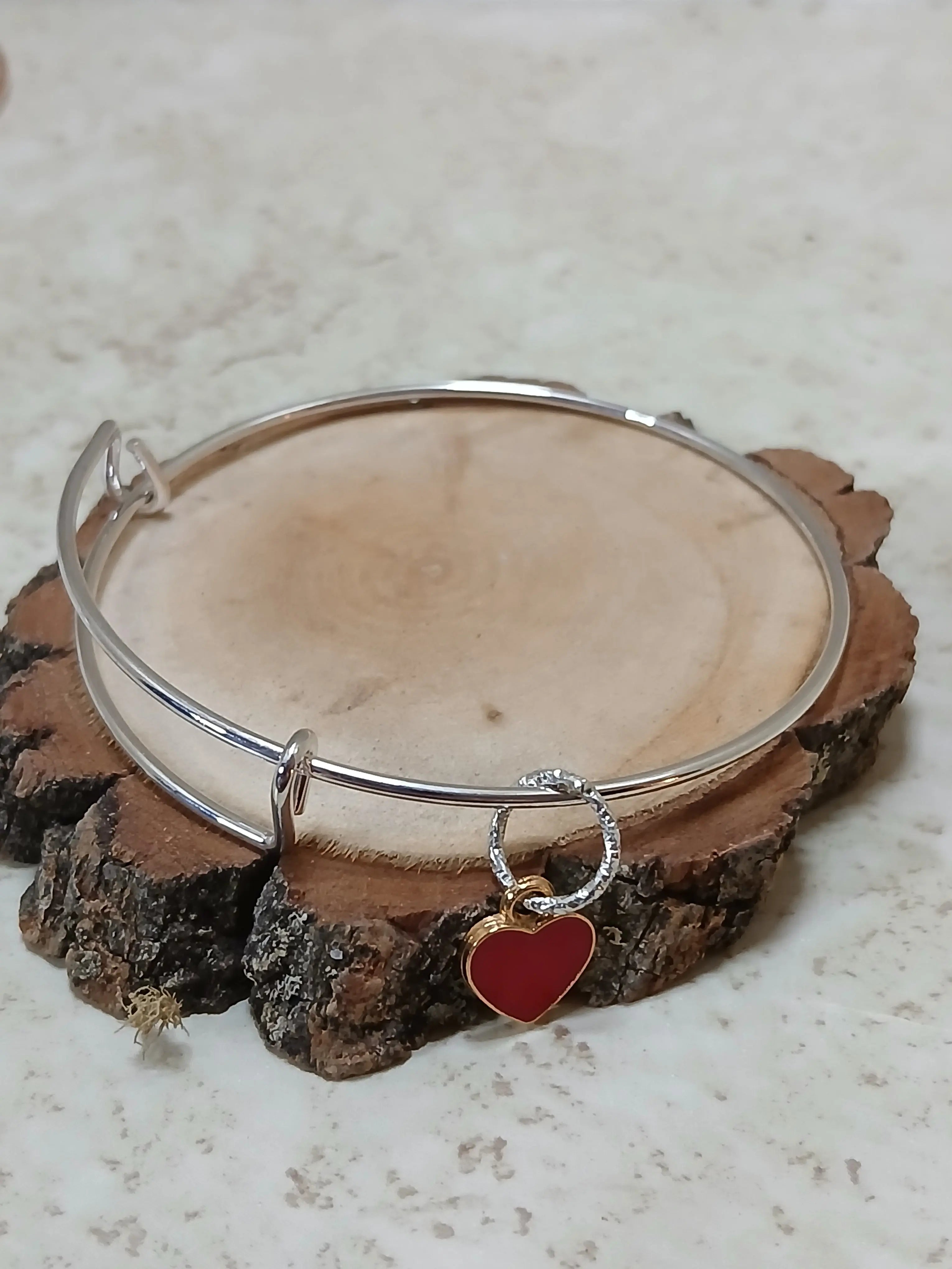 Silver adjustable bangle bracelet with small red heart charm - Crazy Cat Lady Crafts