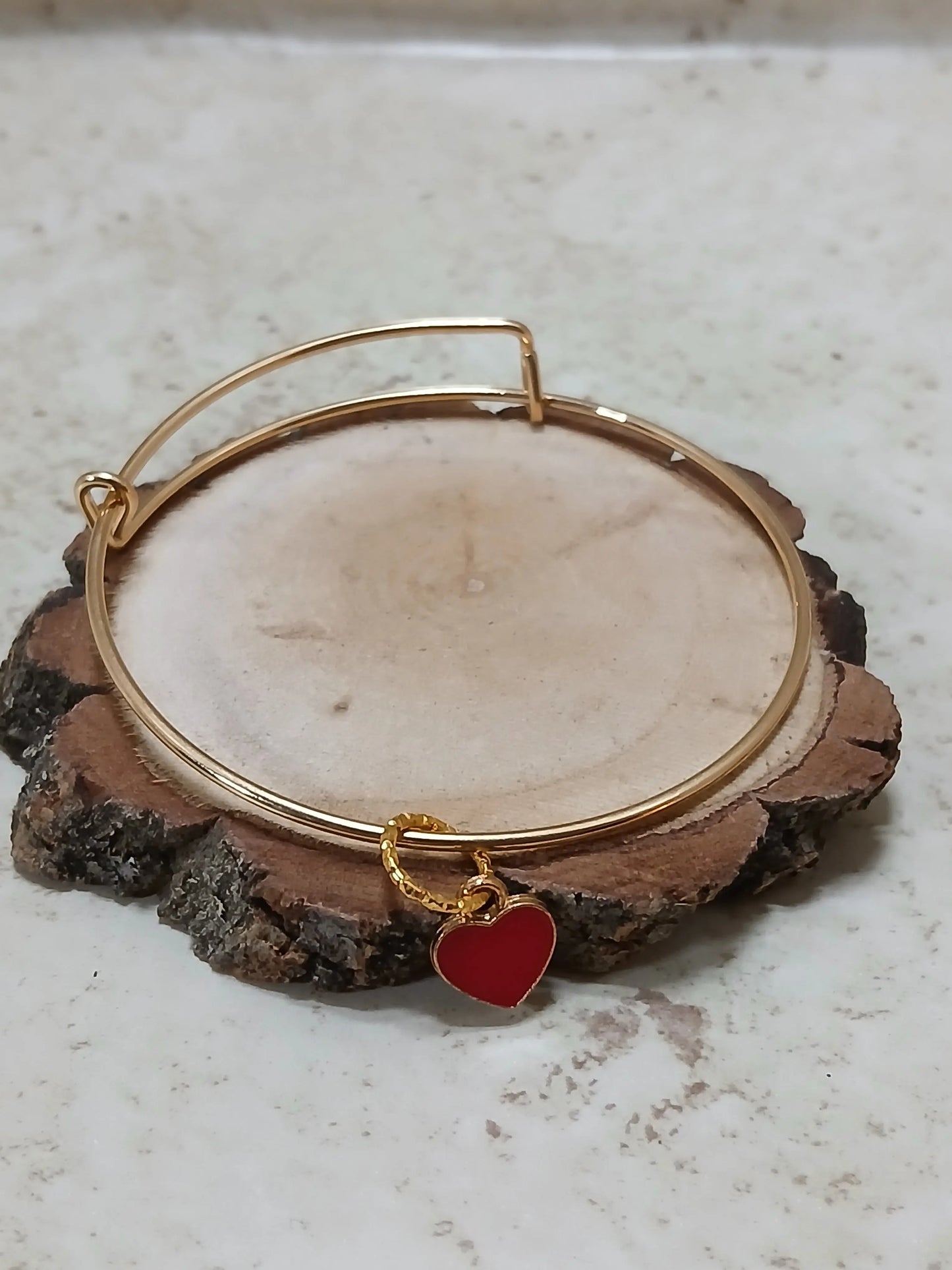 Gold adjustable bangle bracelet with red heart charm - Crazy Cat Lady Crafts