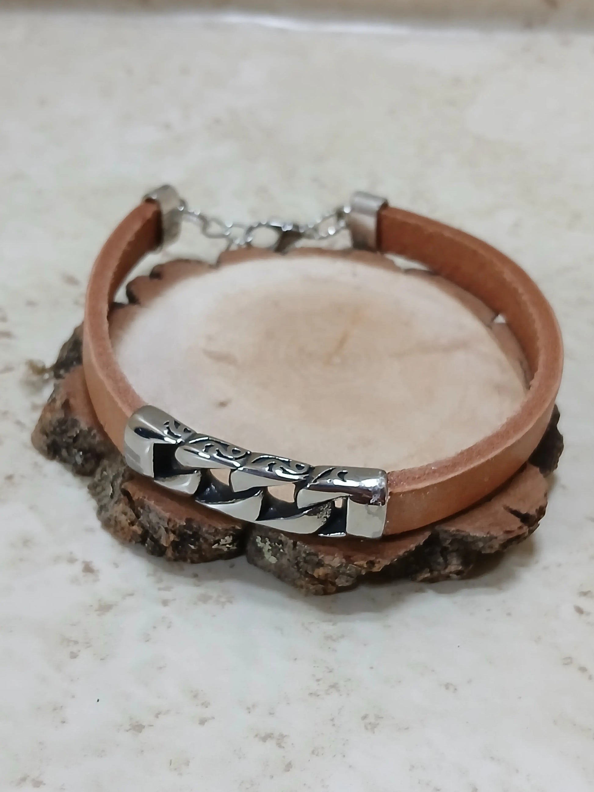 half inch thick light brown leather band adjustable bracelet with Celtic knots - Crazy Cat Lady Crafts
