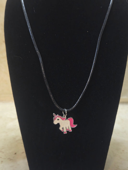 Pink and white unicorn pendant necklace on black cord - Crazy Cat Lady Crafts