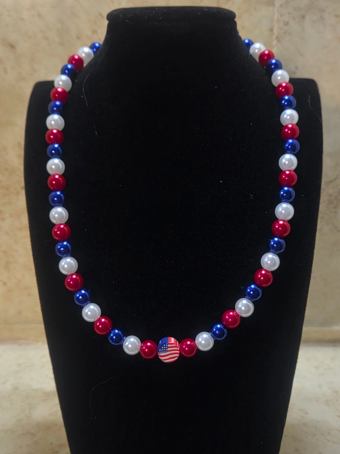 Pearl red white and blue beaded necklace with round flag center necklace - Crazy Cat Lady Crafts