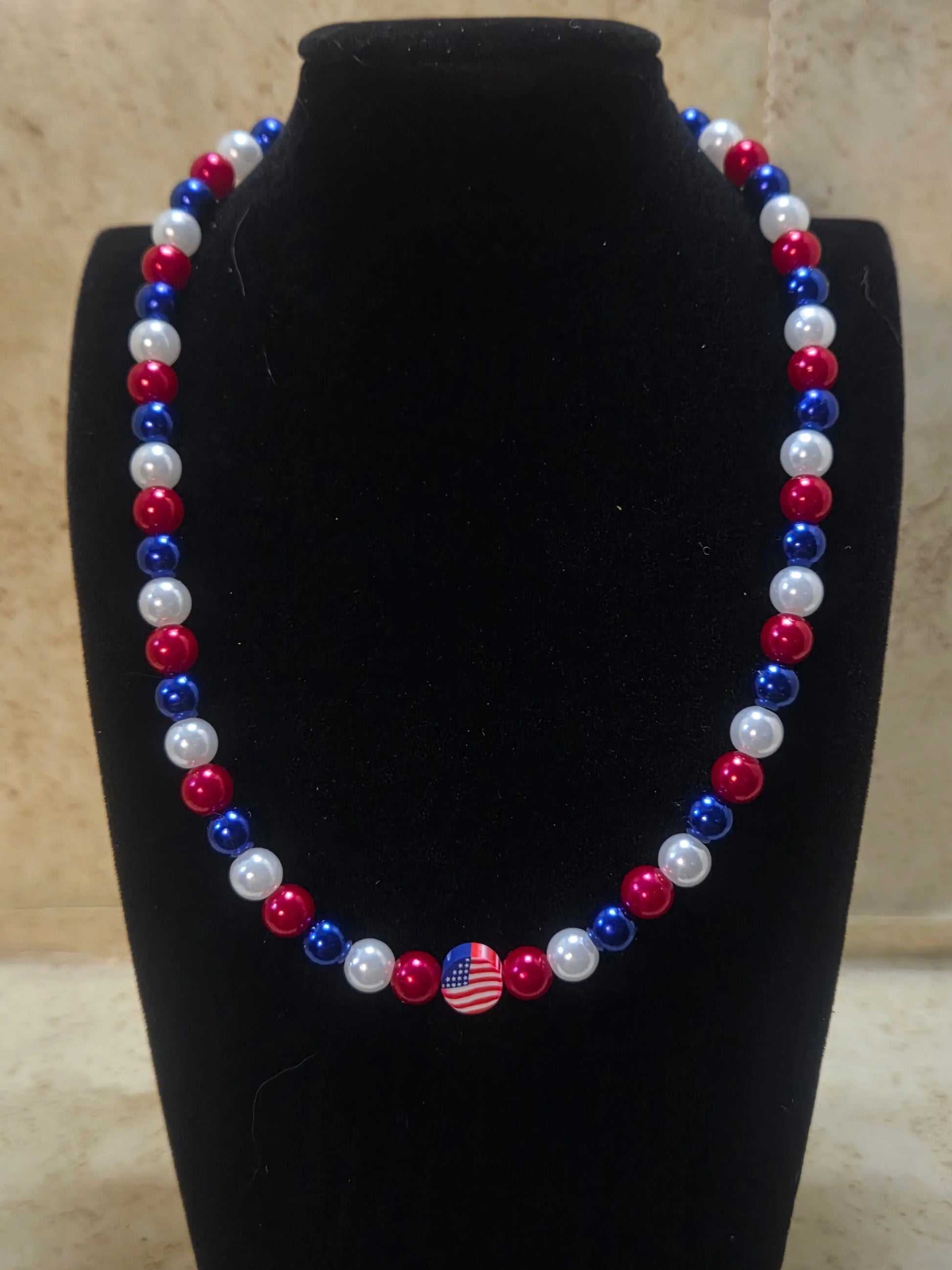 Pearl red white and blue beaded necklace with round flag center necklace - Crazy Cat Lady Crafts