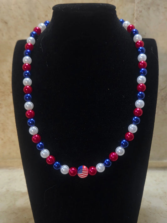 Pearl red white and blue beaded necklace with round flag center necklace - Crazy Cat Lady Crafts