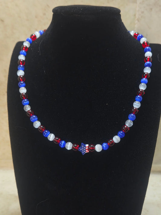 Red white and blue cat eye beaded necklace with a small star shaped USA flag for a focal - Crazy Cat Lady Crafts