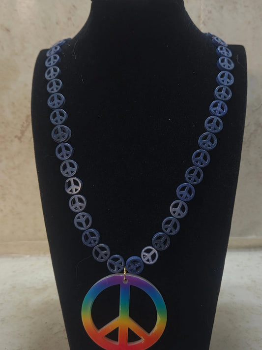 Rainbow 2 inch peace sigh with a dark blue peace sign beaded strand - Crazy Cat Lady Crafts