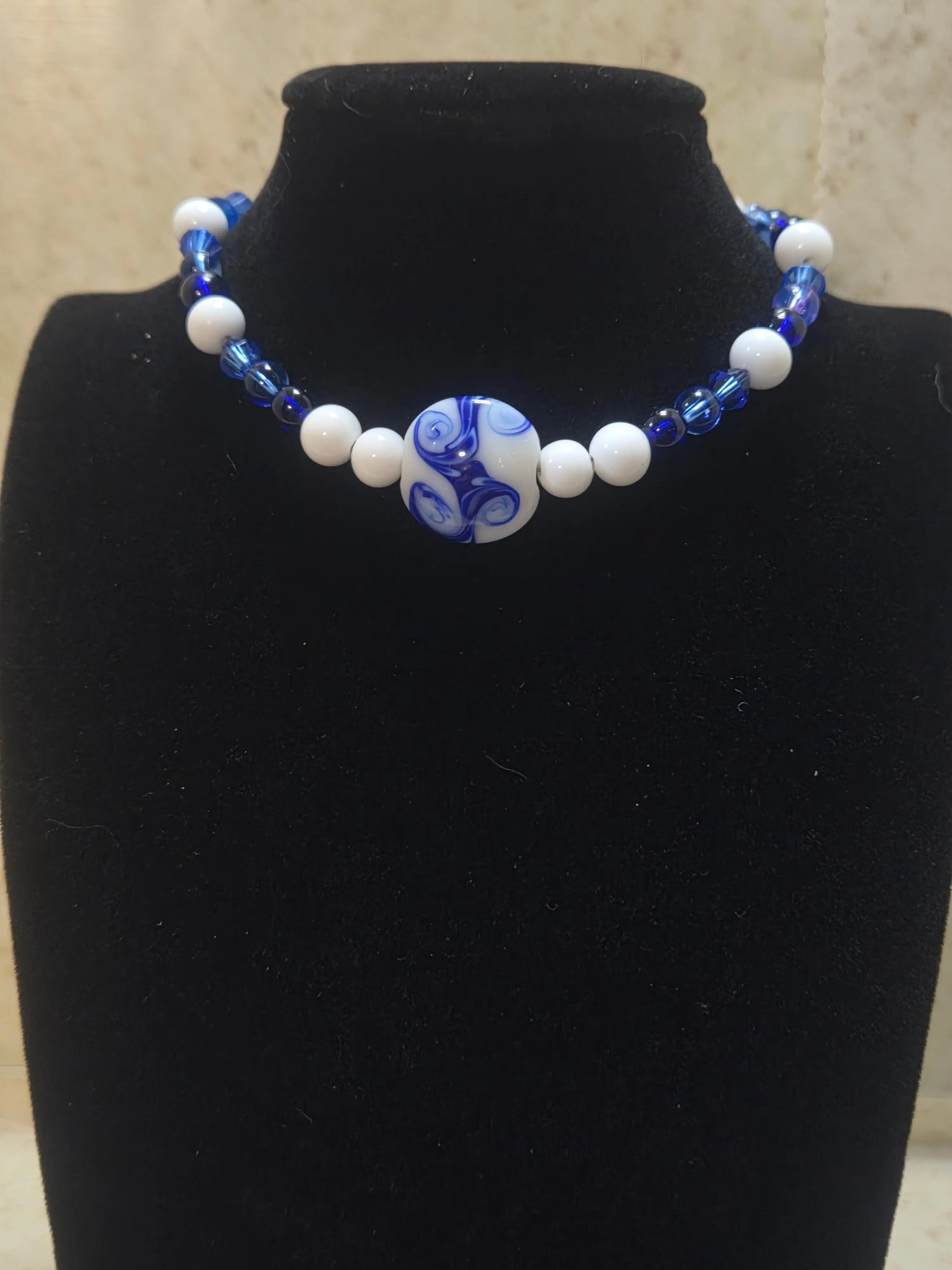 Blue and white beaded chocker necklace - Crazy Cat Lady Crafts