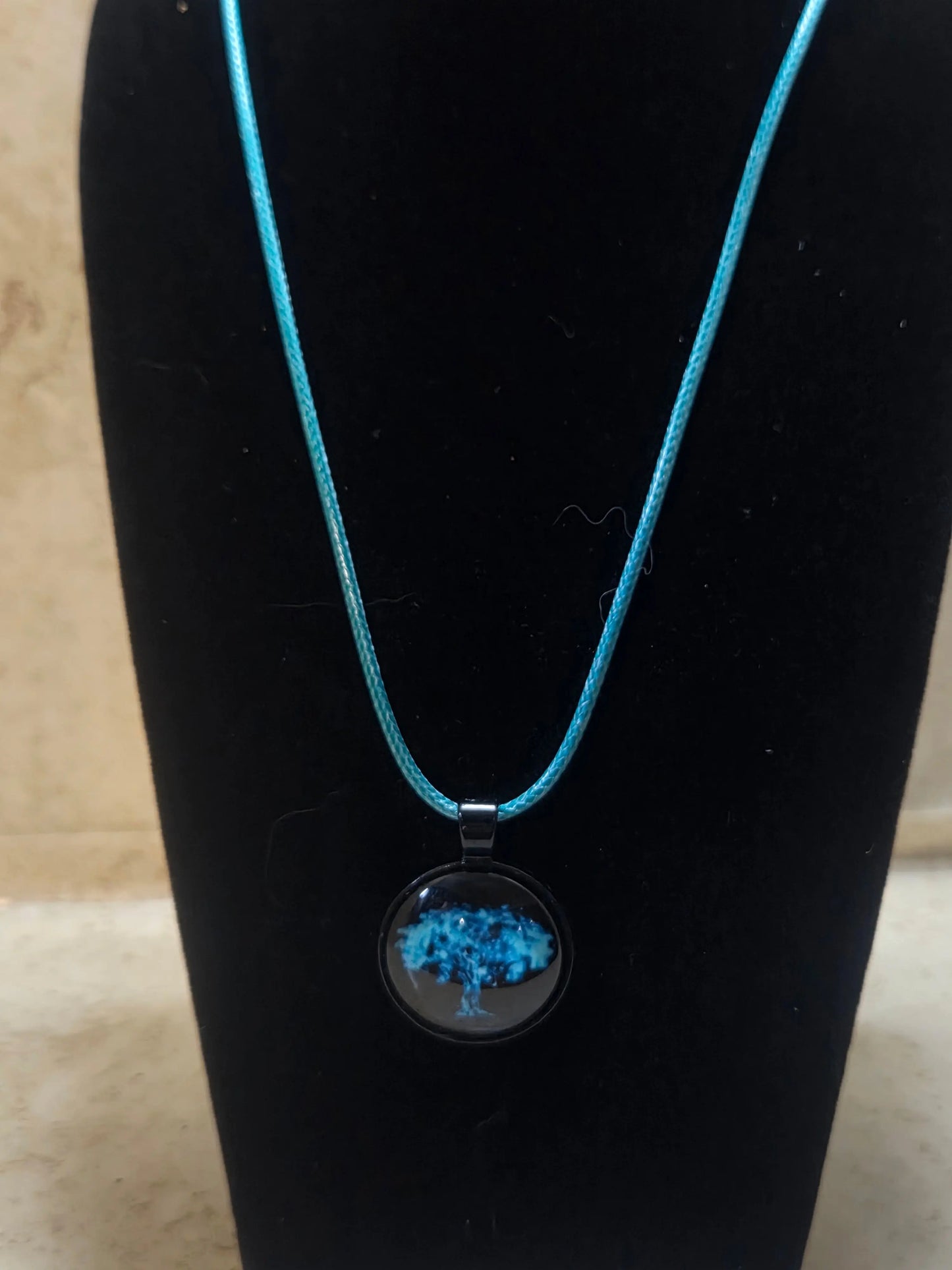 Black round pendant with teal tree of life on it necklace - Crazy Cat Lady Crafts