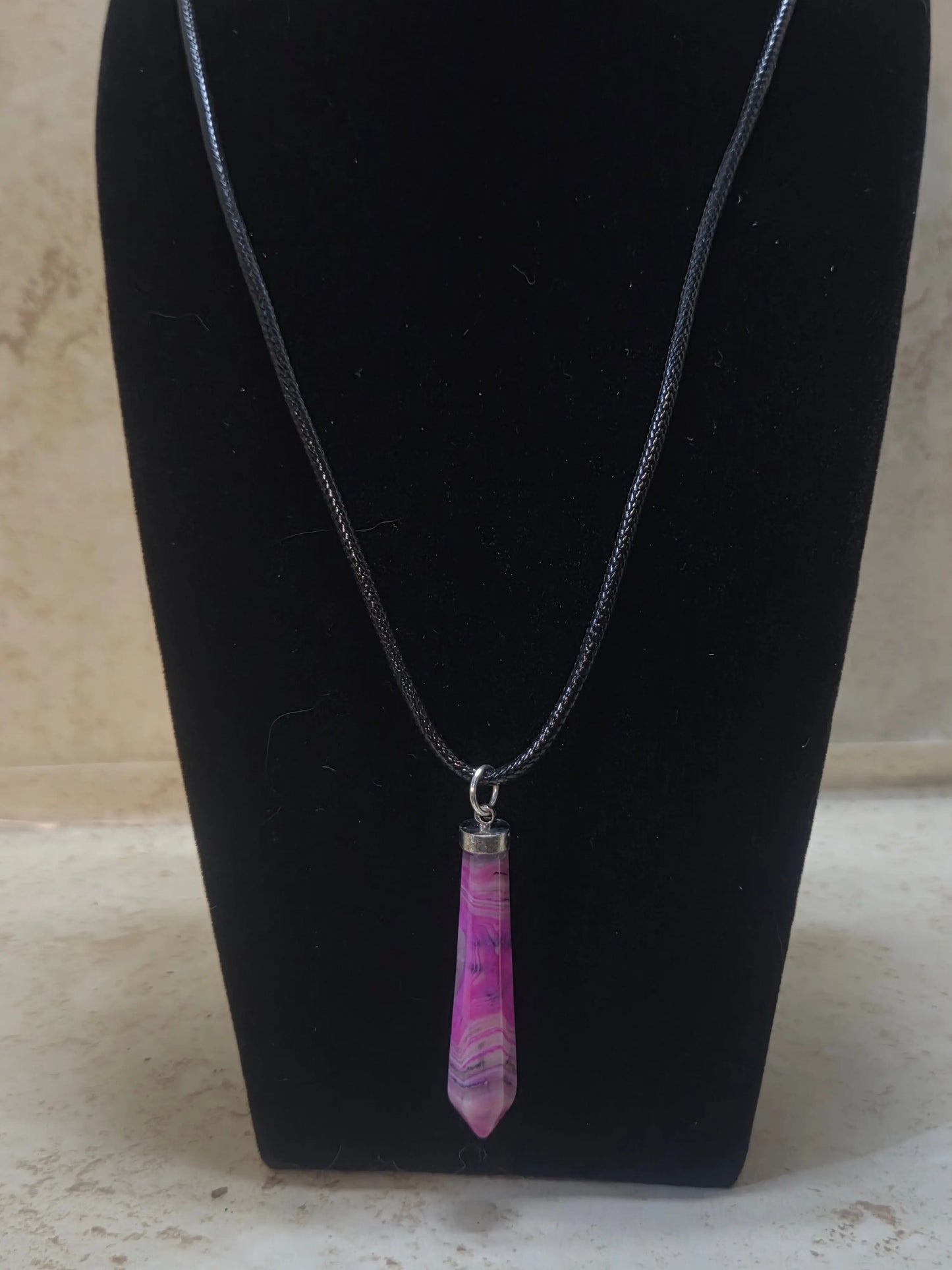 Pink white and black swirl agate hexagonal point pendant necklace - Crazy Cat Lady Crafts