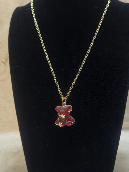 Pink and gold teddy bear pendant necklace - Crazy Cat Lady Crafts