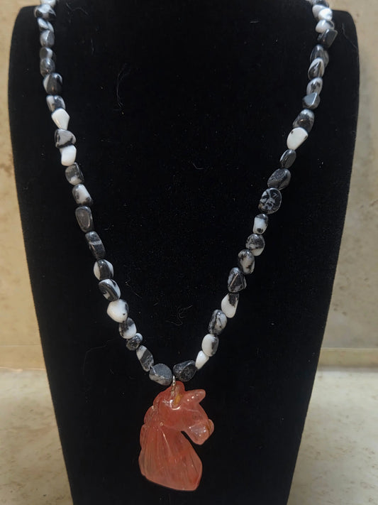 1.5 inch rose quartz unicorn on a snowflake  obsidian beaded pendant necklace - Crazy Cat Lady Crafts
