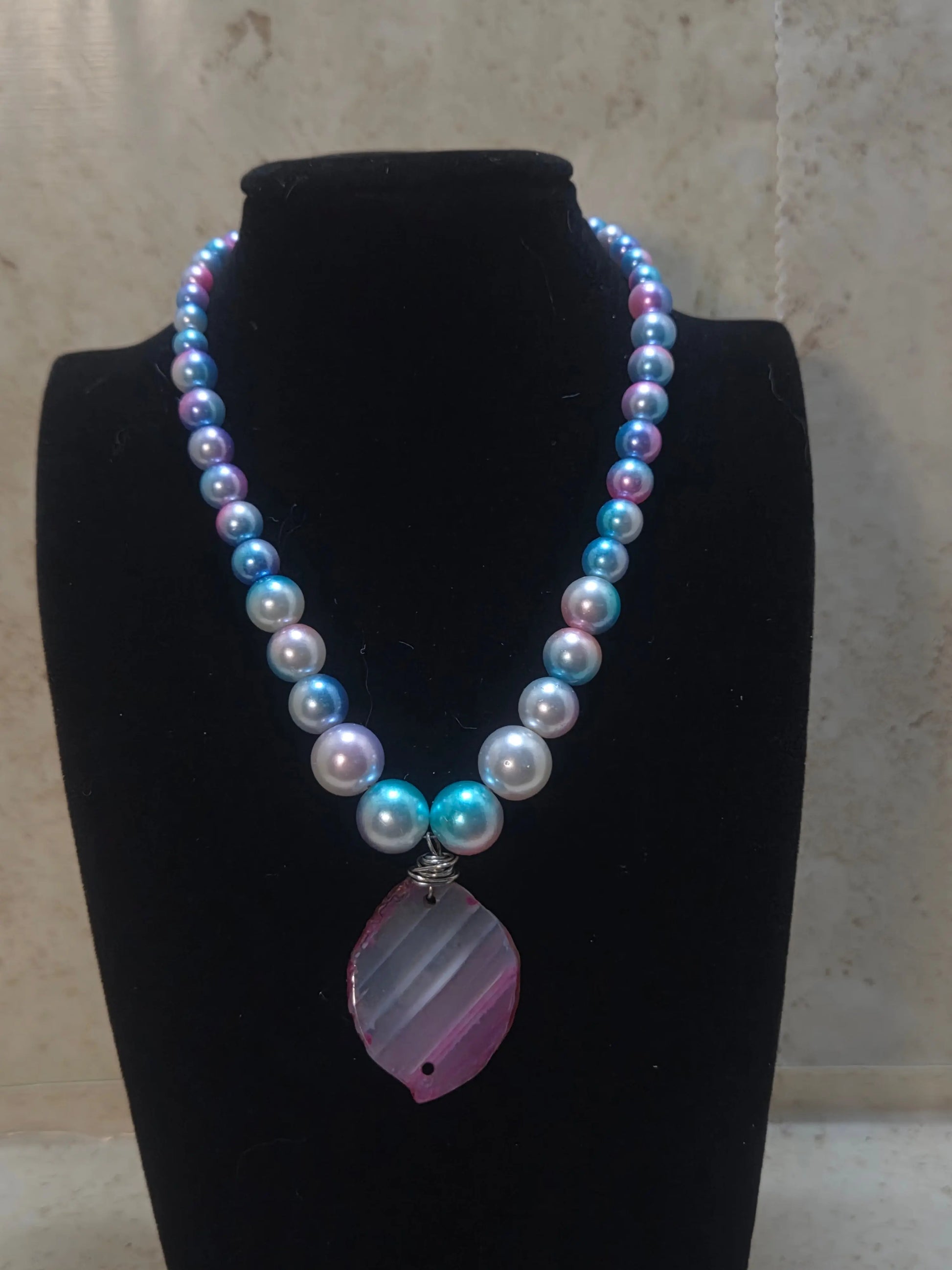 Pink blue and white ombre choker beaded necklace - Crazy Cat Lady Crafts