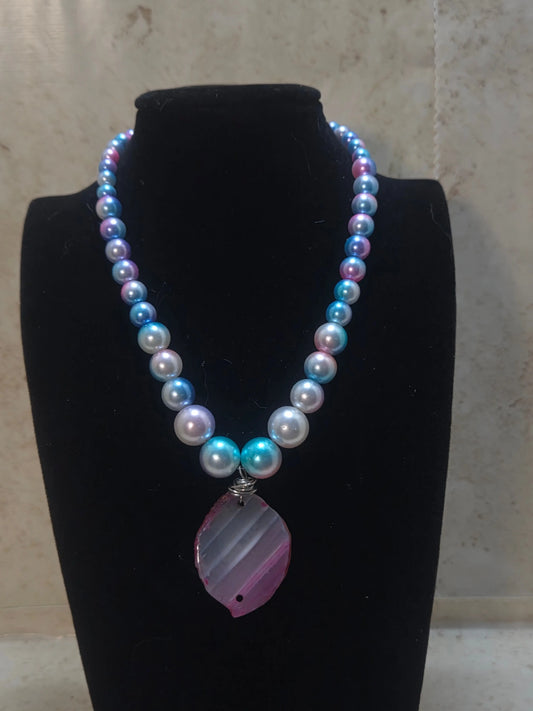 Pink blue and white ombre choker beaded necklace - Crazy Cat Lady Crafts