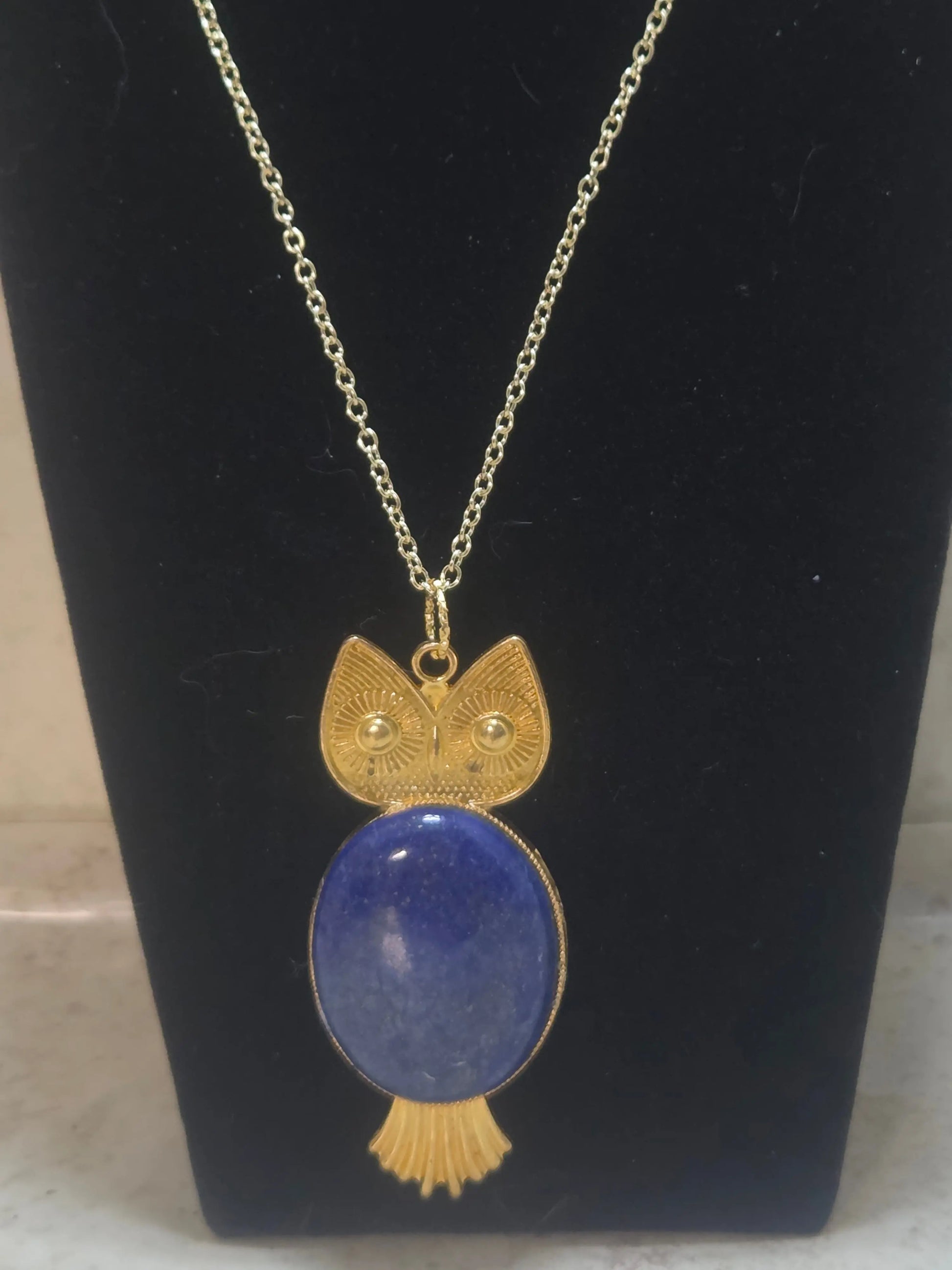 Large gold owl with a large 20x40mm Lapsi Lazuli  gemstone center pendant necklace - Crazy Cat Lady Crafts