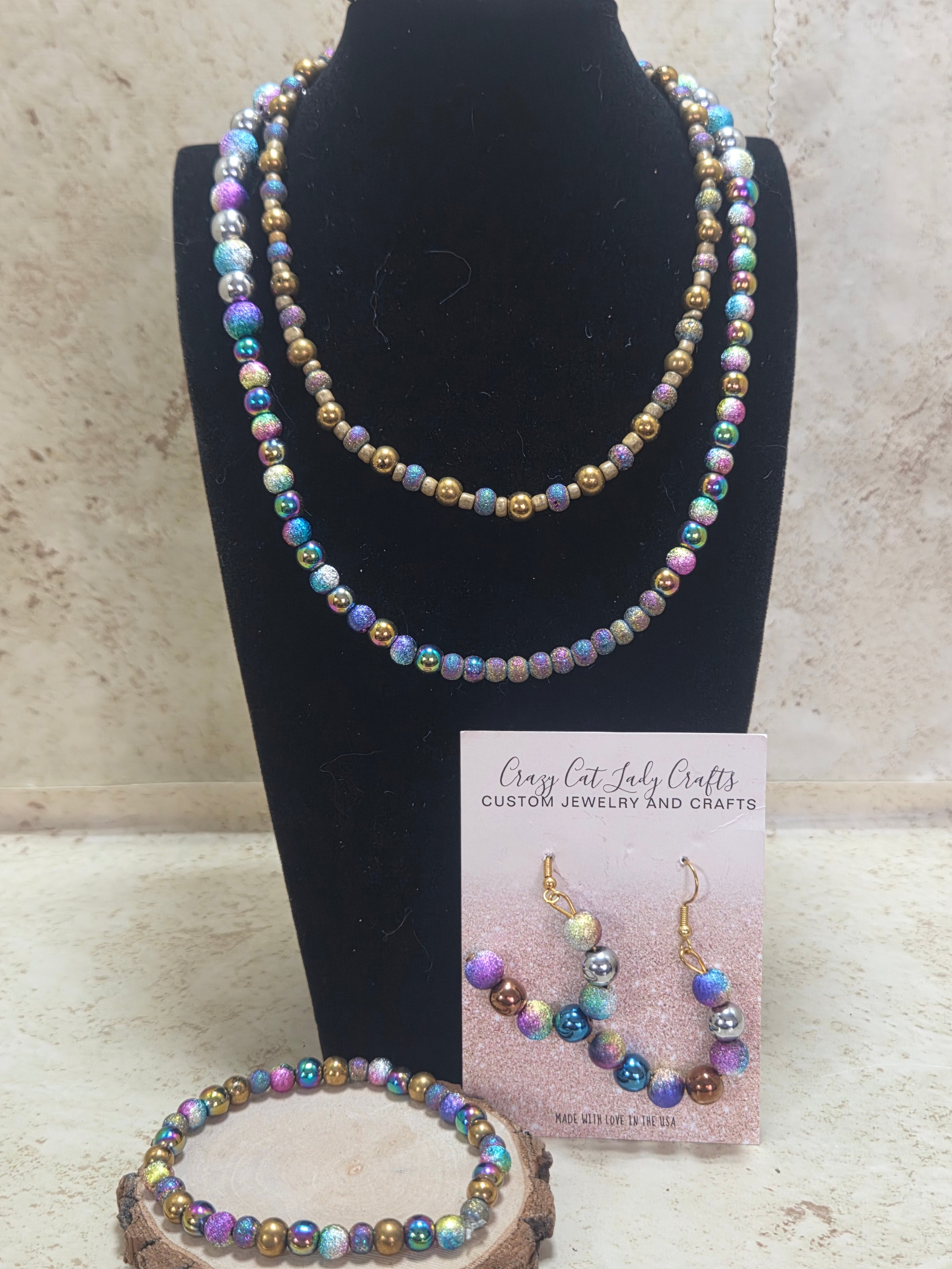 3 PC peacock and hematite jewelry set – Crazy Cat Lady Crafts