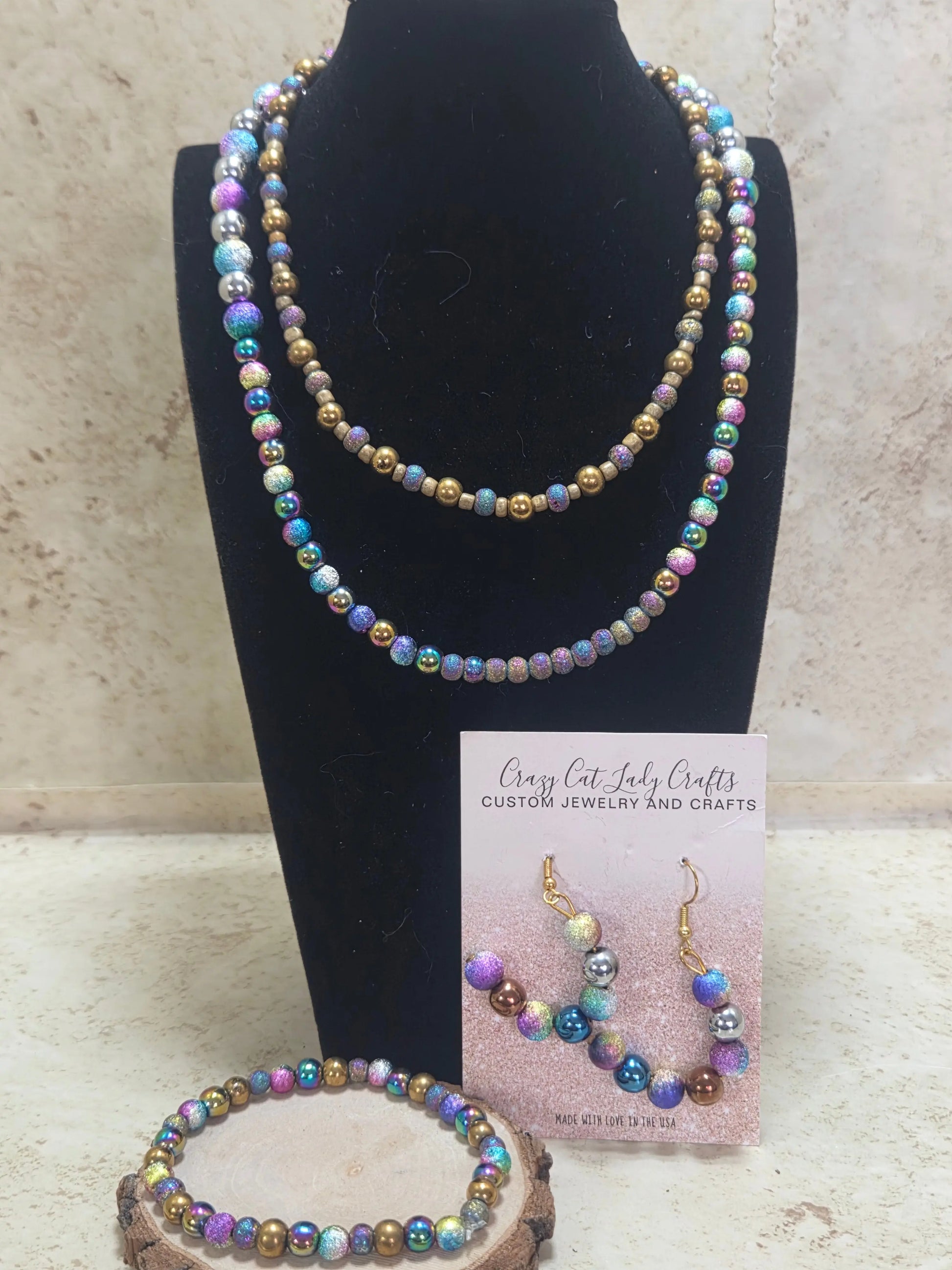 3 PC peacock and hematite jewelry set - Crazy Cat Lady Crafts
