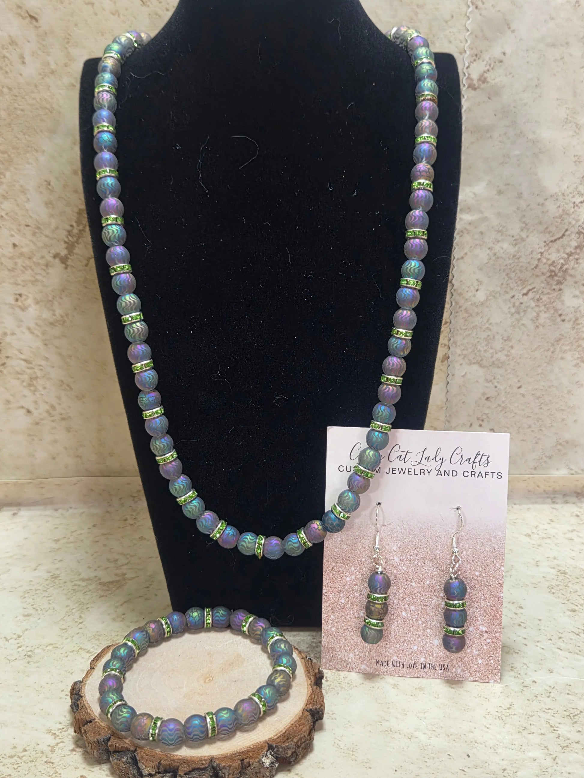 3 PC jewelry set electroplated iridescent - Crazy Cat Lady Crafts