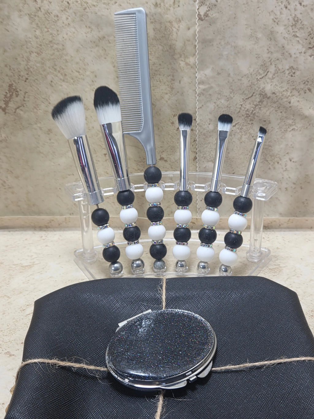 Black silver and white beaded makeup brush set - Crazy Cat Lady Crafts