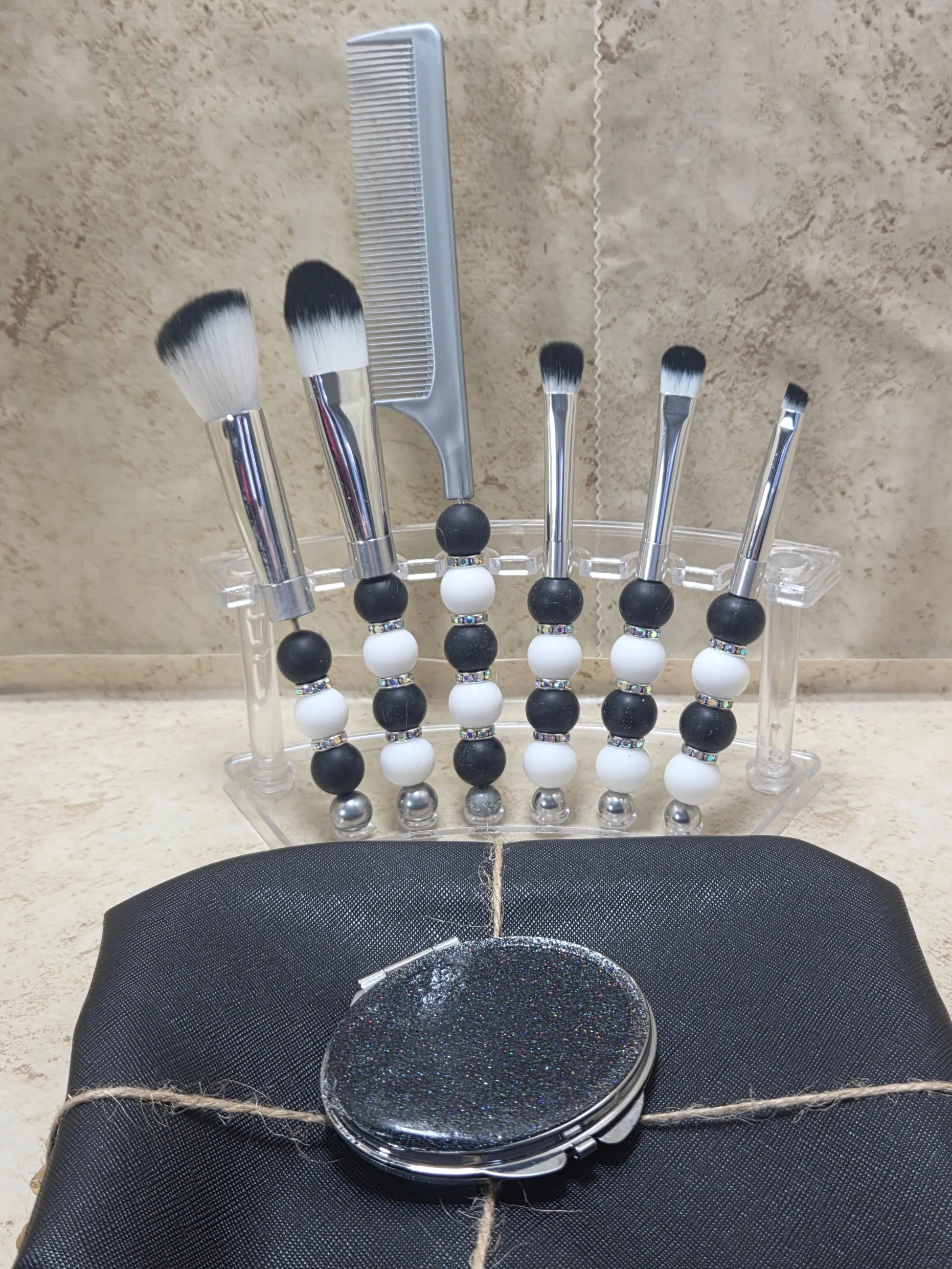 Black silver and white beaded makeup brush set - Crazy Cat Lady Crafts