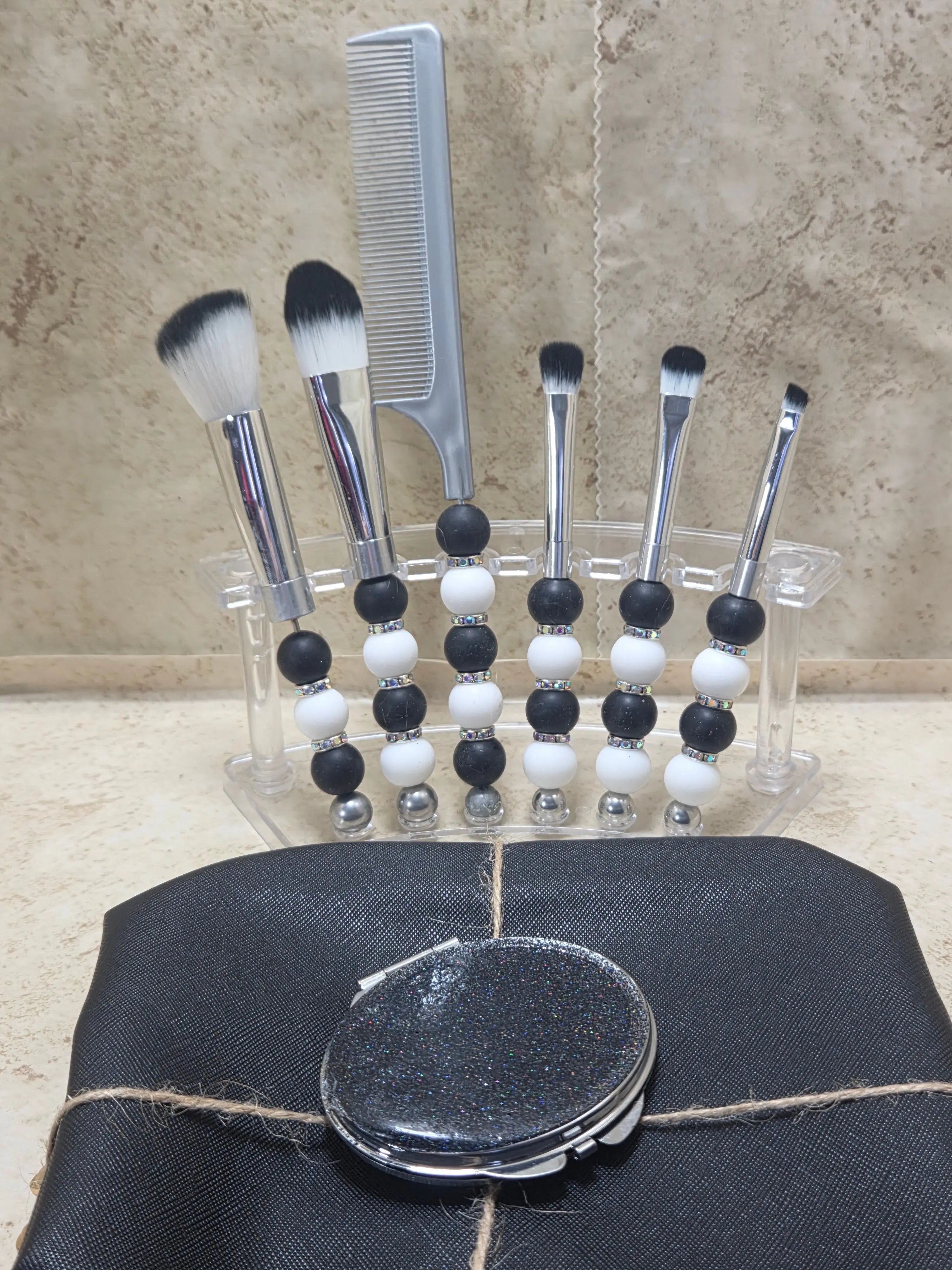Black silver and white beaded makeup brush set - Crazy Cat Lady Crafts