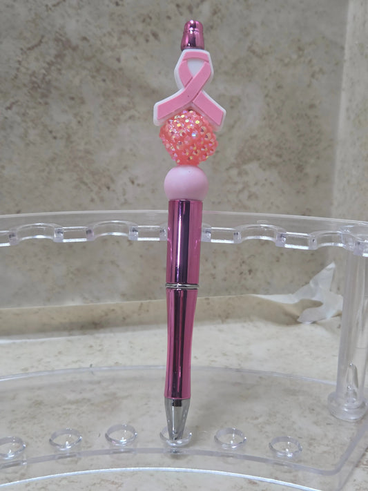 Pink metallic Breast cancer ribbon ball point pen - Crazy Cat Lady Crafts