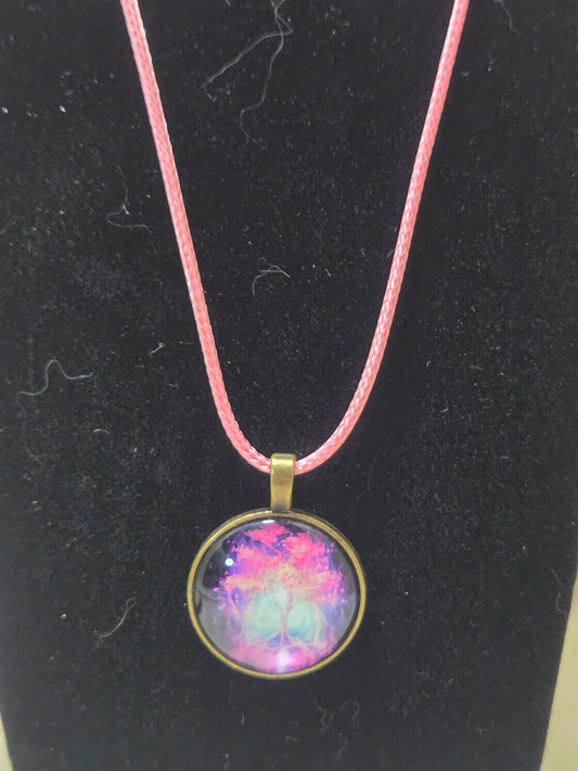 1" round black pendant with pinks and white tree of life with a 16" to 18" adjustable pendant necklace - Crazy Cat Lady Crafts