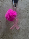 3" Pink sparkly cancer ribbon shaped Key chain a d has a 3 inch pink poof - Crazy Cat Lady Crafts