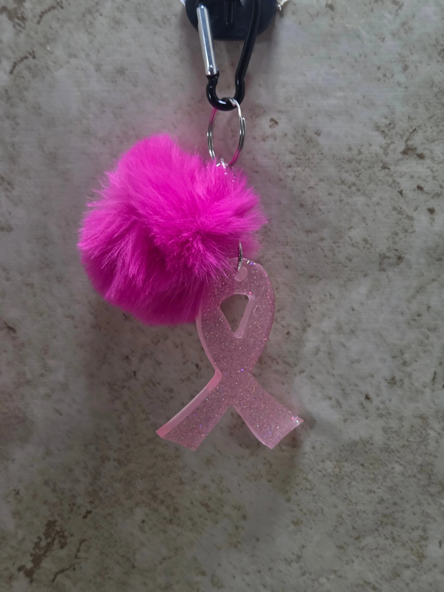 3" Pink sparkly cancer ribbon shaped Key chain a d has a 3 inch pink poof - Crazy Cat Lady Crafts