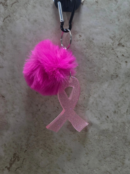 3" Pink sparkly cancer ribbon shaped Key chain a d has a 3 inch pink poof - Crazy Cat Lady Crafts