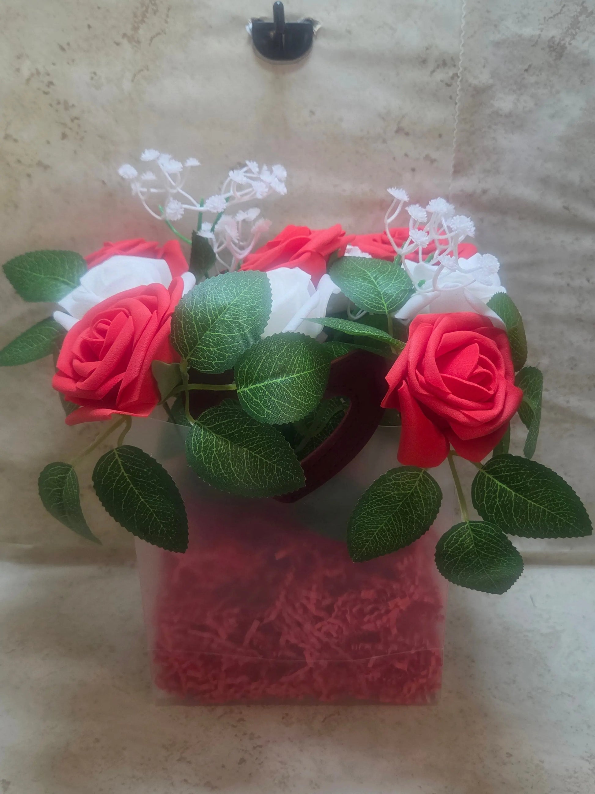 Red and white foam roses arrangement in a 8 inch frosted plastic bag with red heart shaped handles - Crazy Cat Lady Crafts