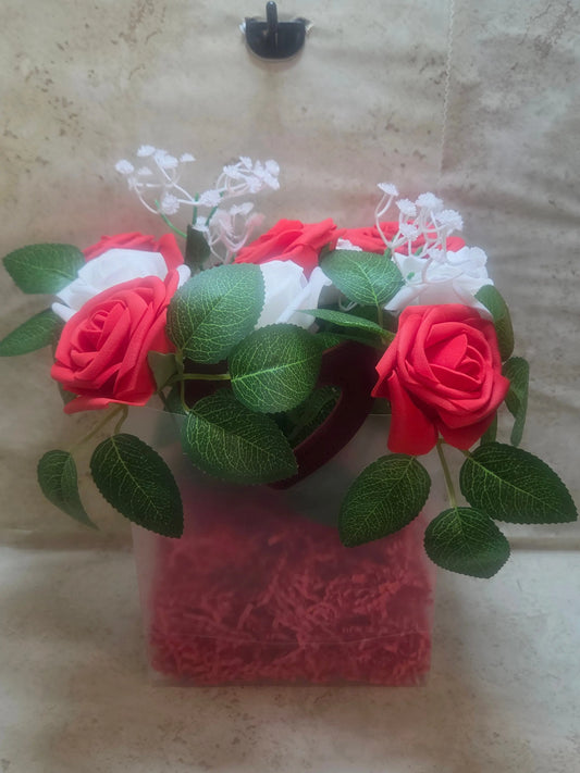 Red and white foam roses arrangement in a 8 inch frosted plastic bag with red heart shaped handles - Crazy Cat Lady Crafts