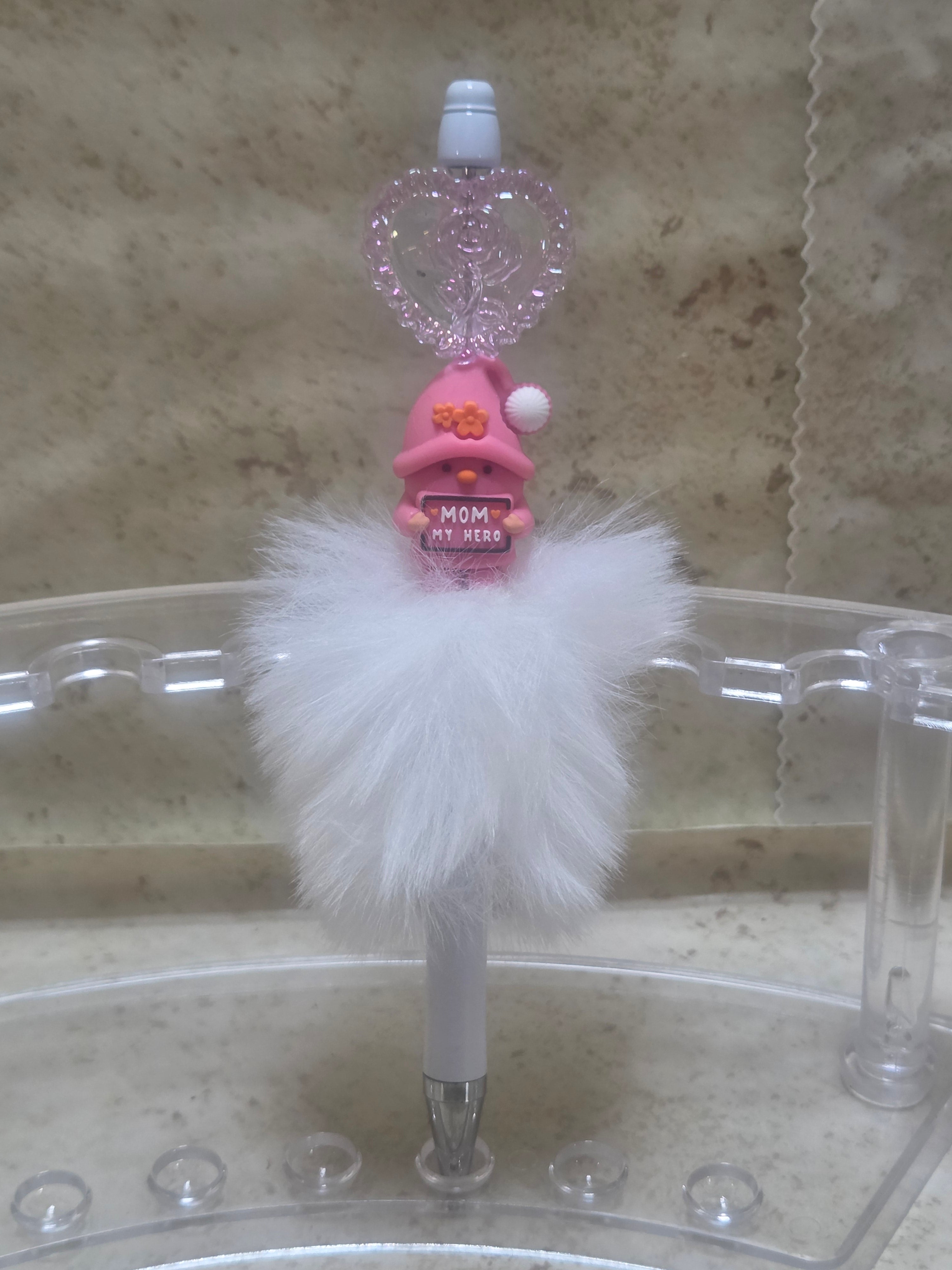 White furry and pink gnome  Mothers day pen