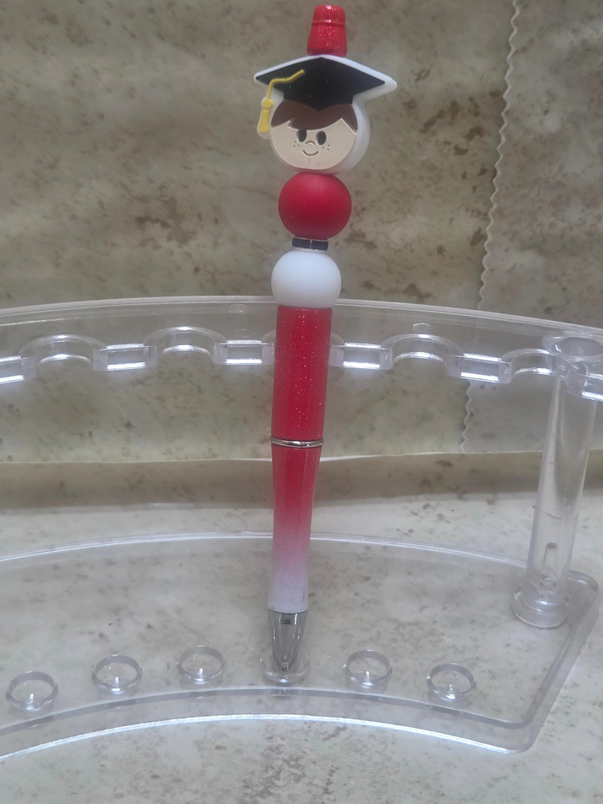 Sparkly red and white ombre barreled pen with red and white silicone beads and a boy graduation pen - Crazy Cat Lady Crafts