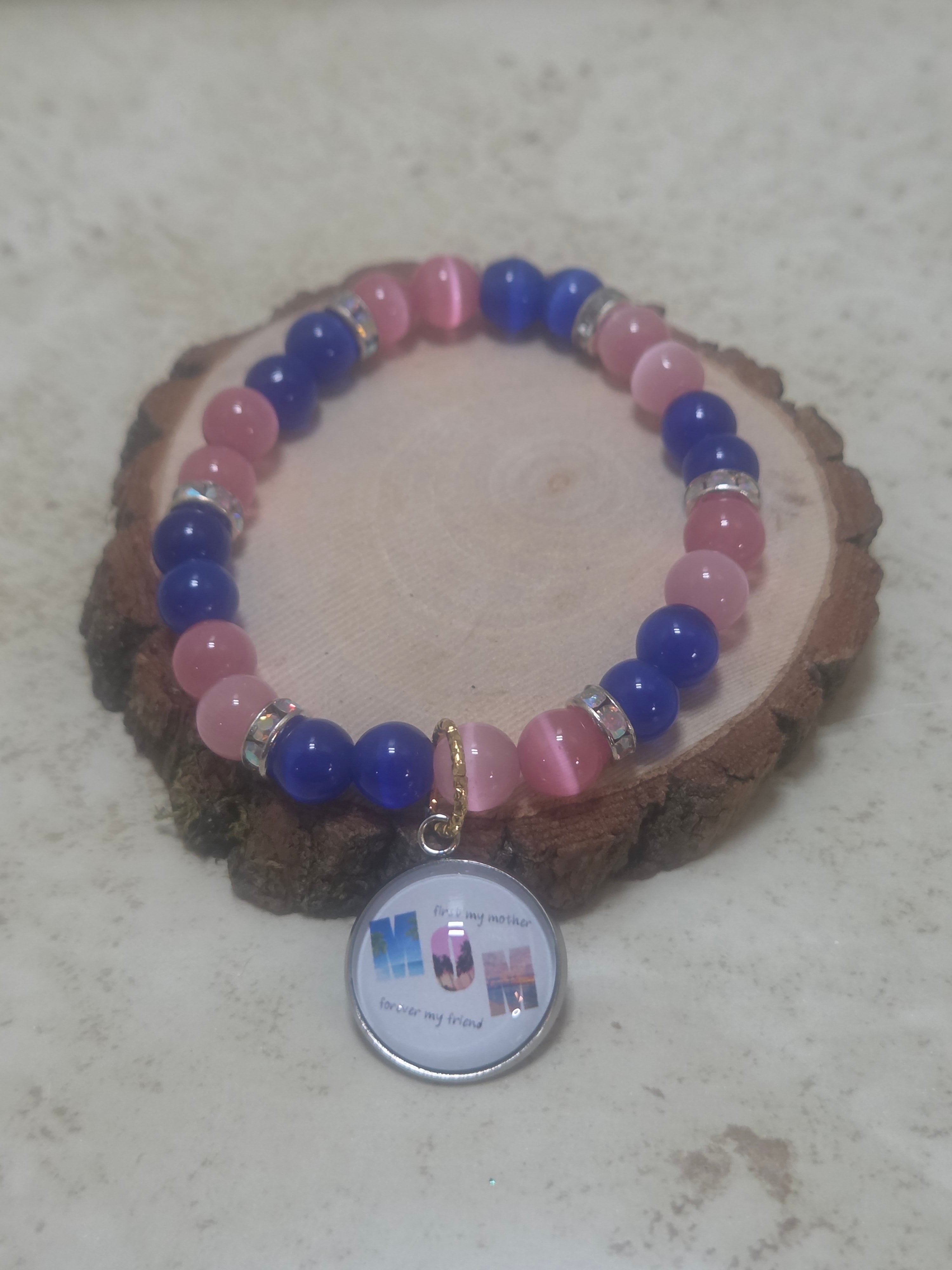 Pink and blue mothers day bracelet with mom charm