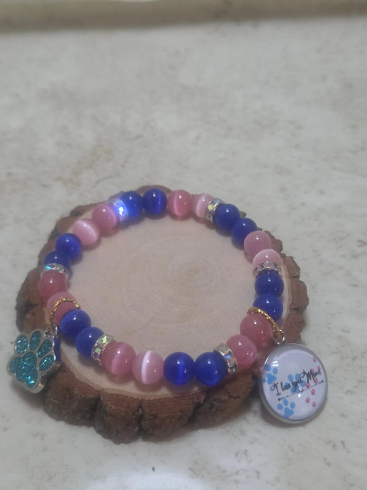Fur baby mom mothers day bracelet in pin and blue and has 2 charms stretchy bracelet - Crazy Cat Lady Crafts