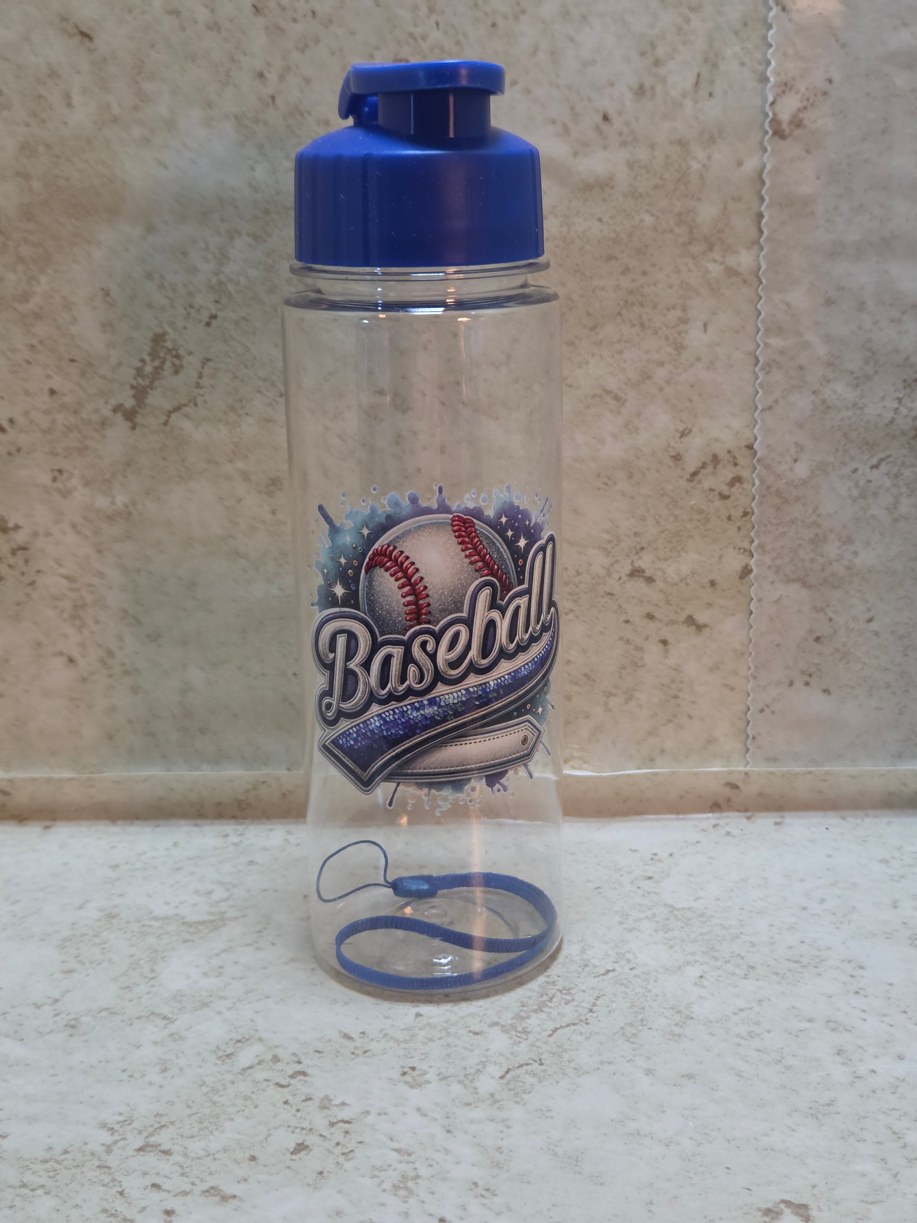 17 oz clear plastic water bottle with assorted colored tops with a baseball design