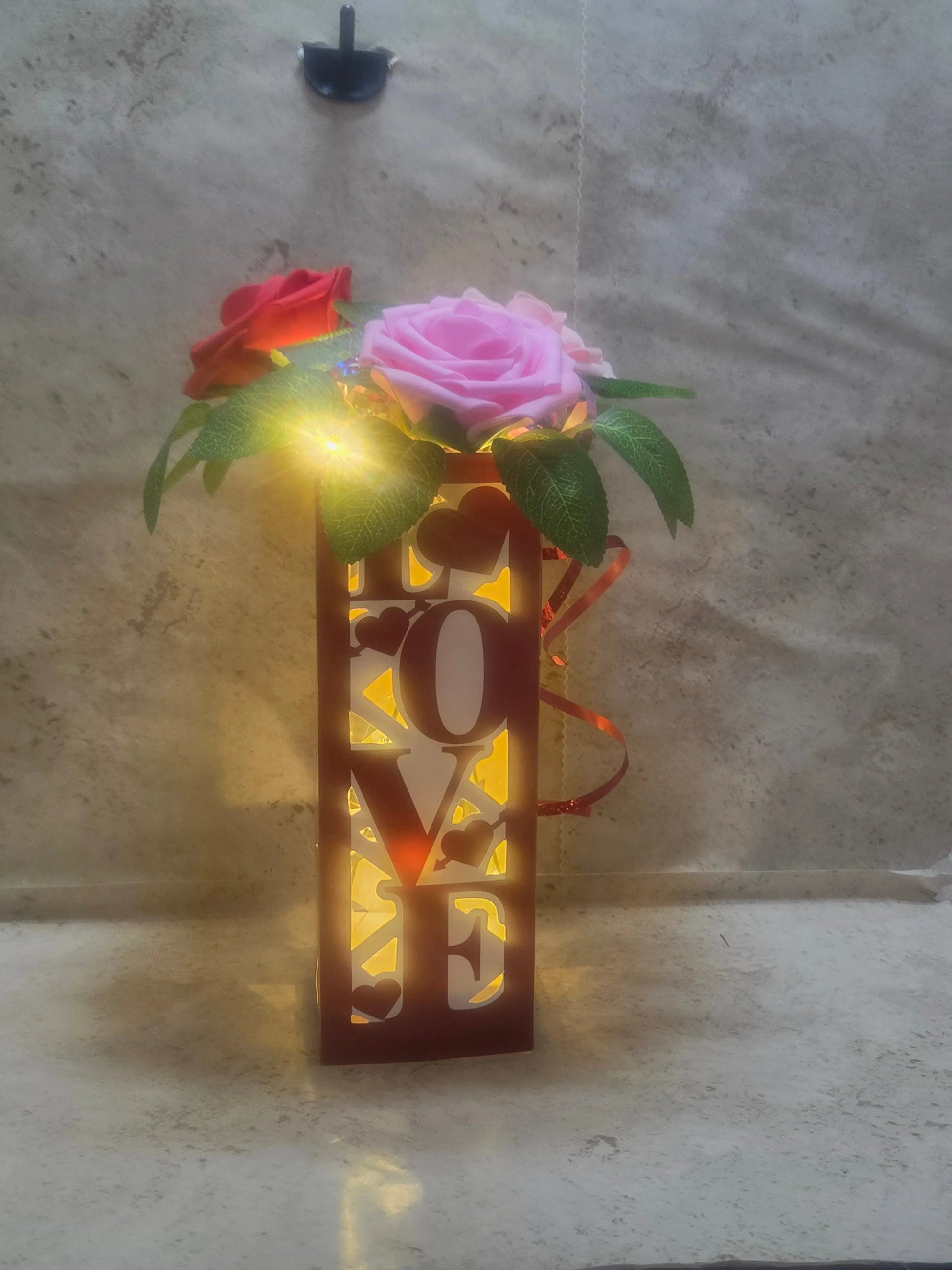 Red and white light up love vase with 3 foam roses - Crazy Cat Lady Crafts