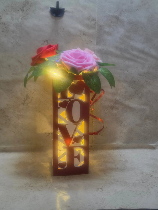 Red and white light up love vase with 3 foam roses - Crazy Cat Lady Crafts