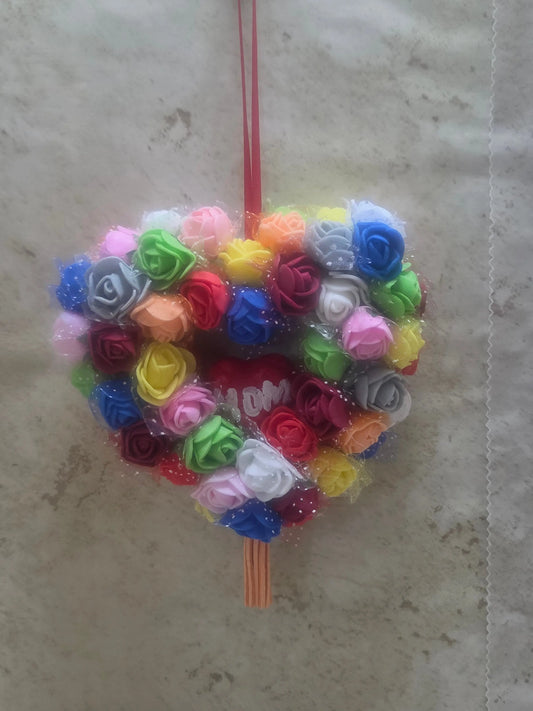 5" across heart of small foam roses around a red painted heart with mom in white ornament - Crazy Cat Lady Crafts