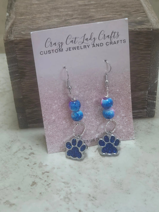 Blue and pink earrings with a blue sparkly paw print - Crazy Cat Lady Crafts