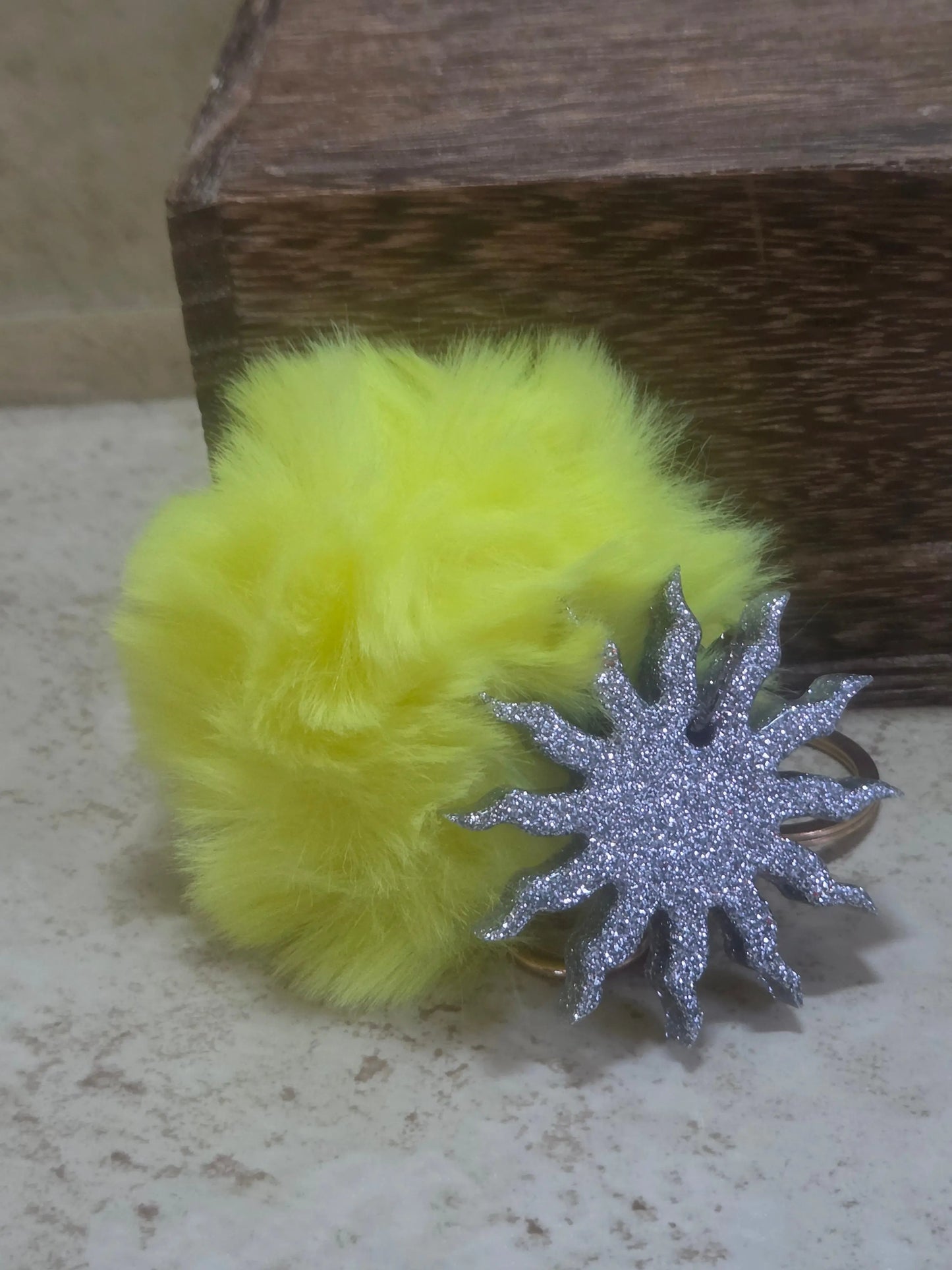 Silver resin sun with large yellow poof key chain - Crazy Cat Lady Crafts
