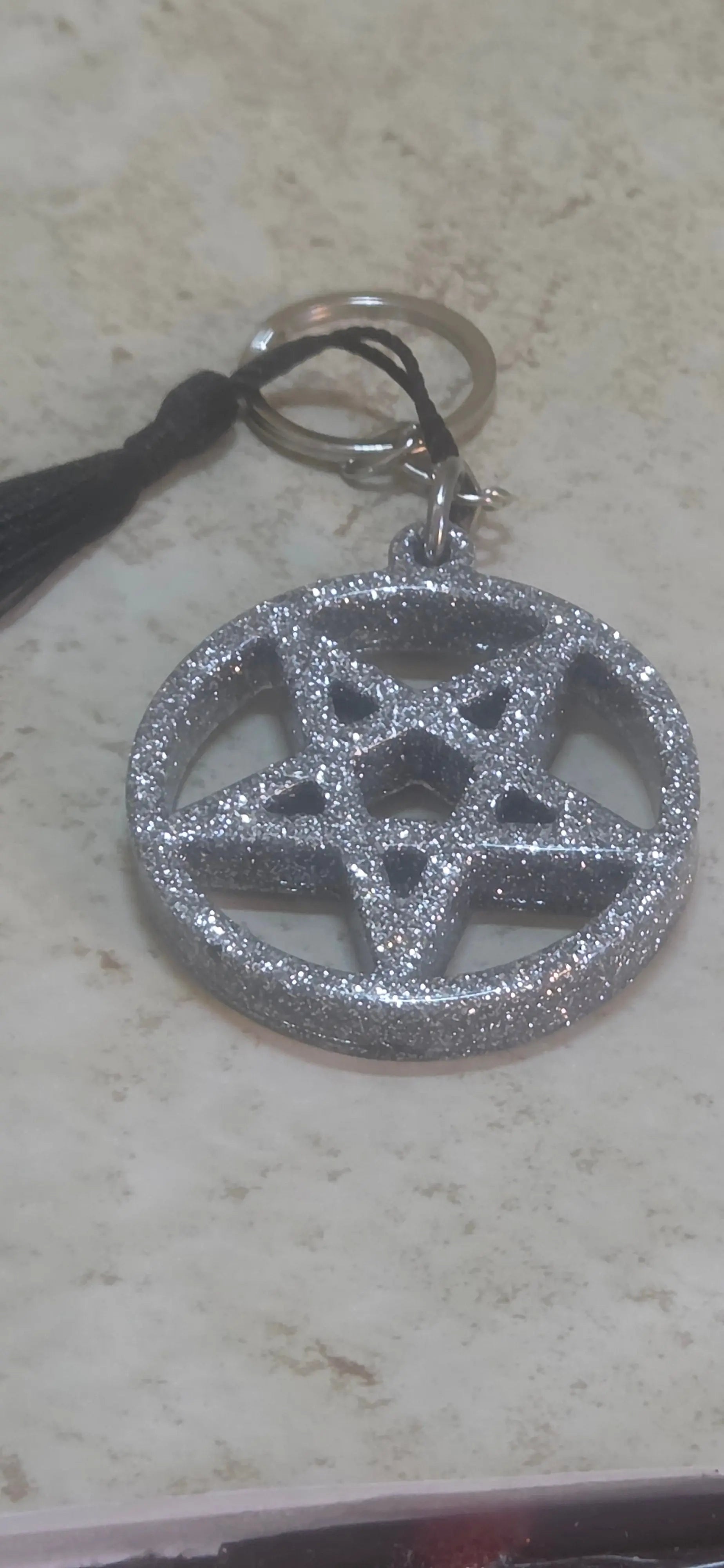 Silver Pentagram with black tassel key chain - Crazy Cat Lady Crafts