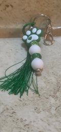 Green and white silicone paw print and white and green beads bag tag or key chain - Crazy Cat Lady Crafts