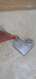 Custom heart shaped resin key chain with a paw print cut out with a multi colored tassel - Crazy Cat Lady Crafts