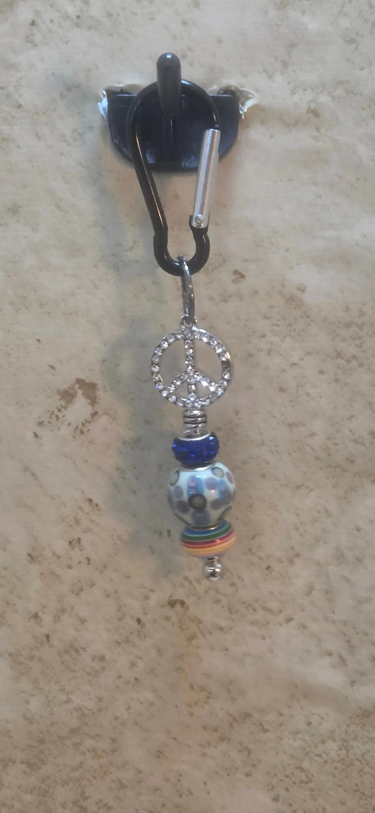 Peace sign with rhinestones and multi colored beads key chain or bag tag - Crazy Cat Lady Crafts