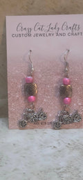 Silver square beads with 2 small pink beaded and motorcycle charm hanging earrings - Crazy Cat Lady Crafts
