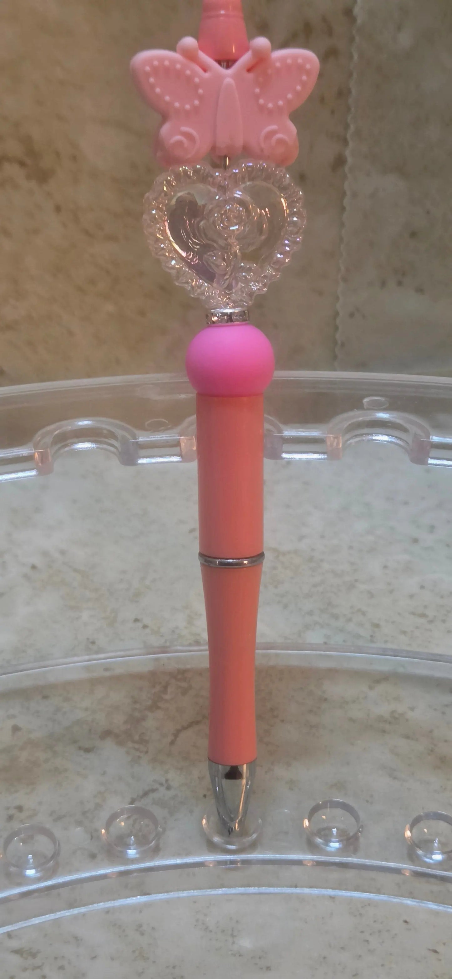pink silicone butterfly and clear engraved heart shaped beads with a rose pen - Crazy Cat Lady Crafts