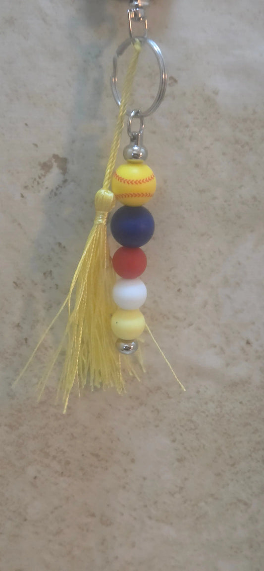 Straight softball with multi colored beads bag tag with yellow tassel - Crazy Cat Lady Crafts