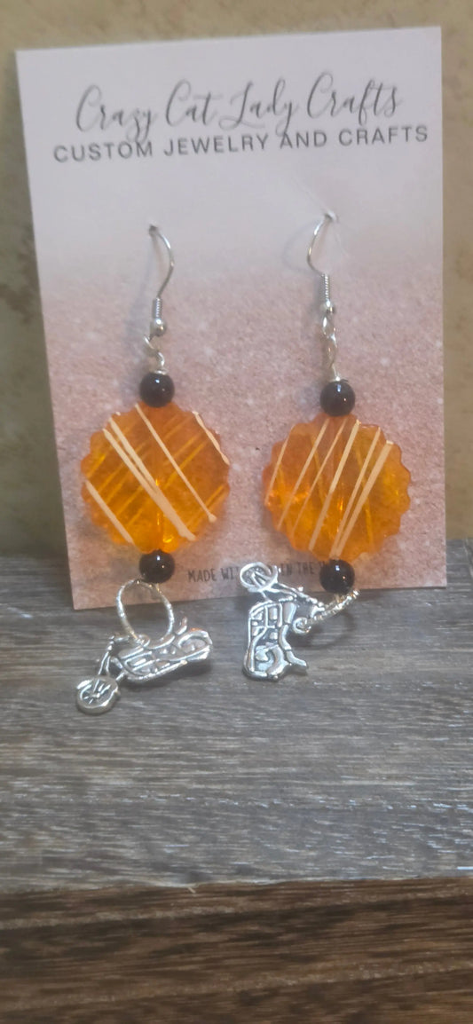 Orange and white flower shaped beads and black beads motorcycle dangle earrings - Crazy Cat Lady Crafts
