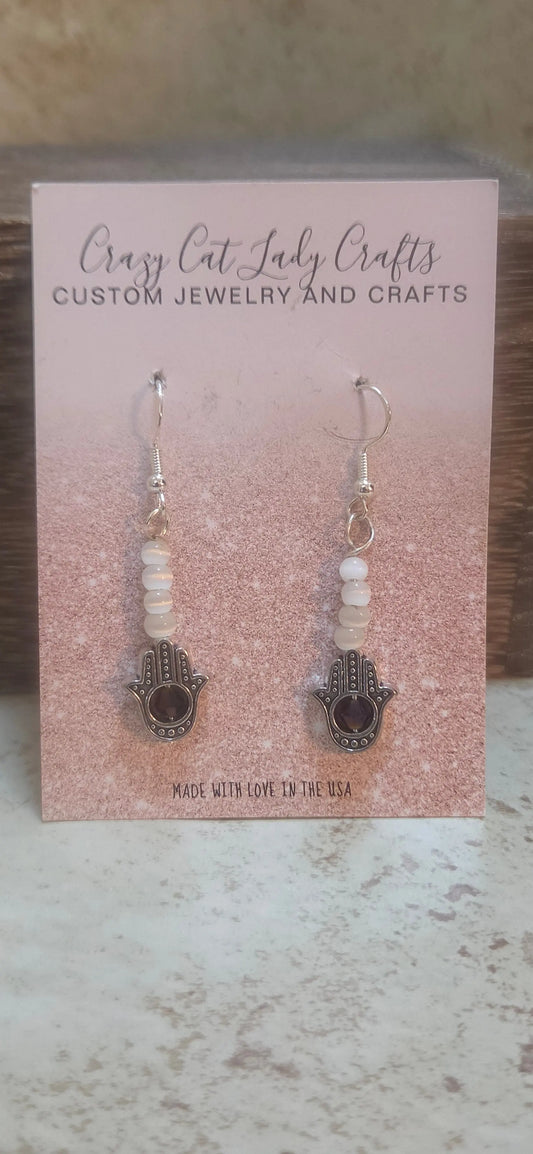 silver and white hamsa earrings - Crazy Cat Lady Crafts