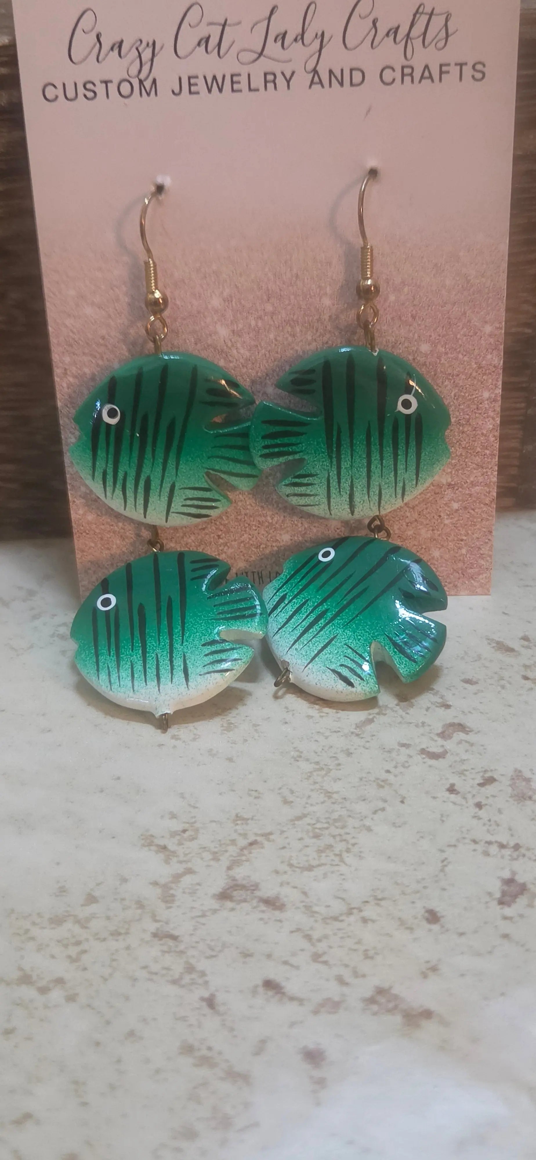 Green and black striped fish that are double long earrings - Crazy Cat Lady Crafts